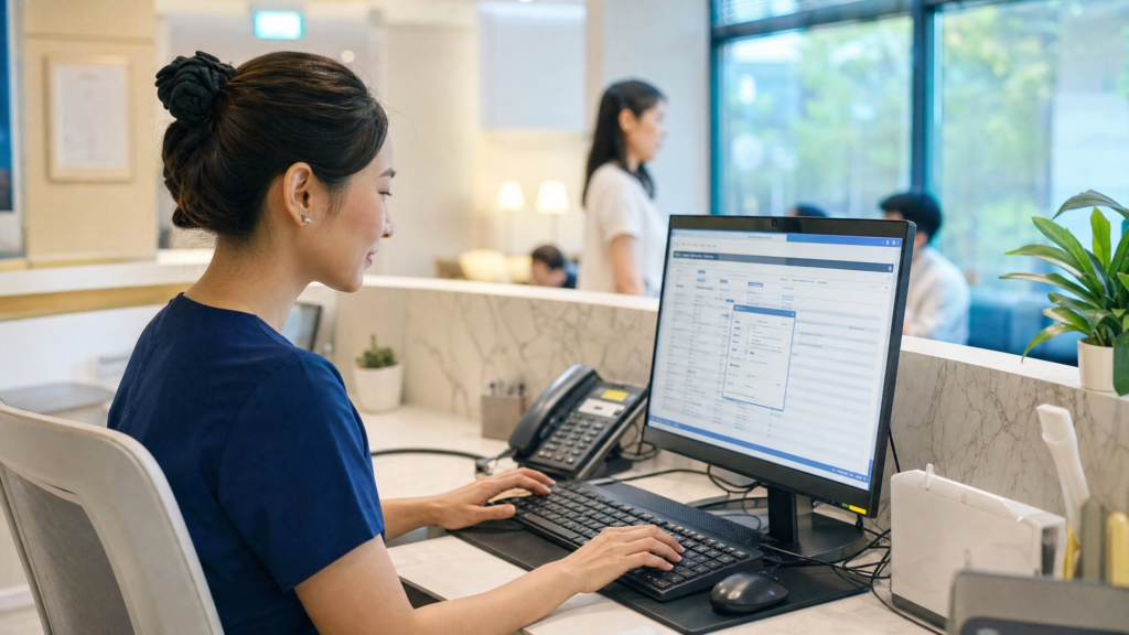 Clinic staff in Singapore handling patient medical records securely